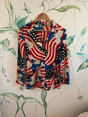 Vintage Patriotic Flag Print Button-Up Blouse - Red White Blue Jersey